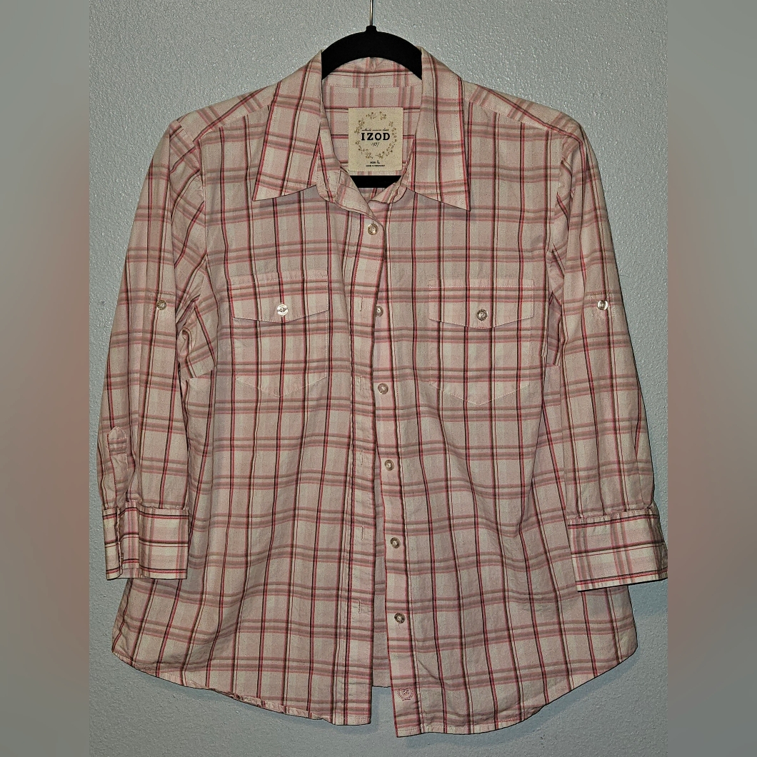 Izod Plaid Long Sleeve Shirt, Pink And White